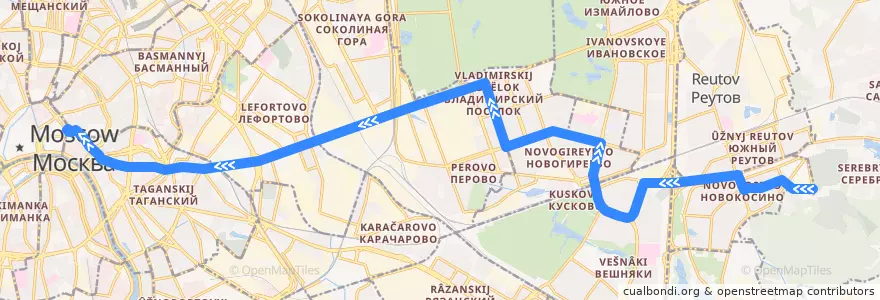 Mapa del recorrido Ночной автобус Н4: Новокосино => Метро «Китай-город» de la línea  en Москва.