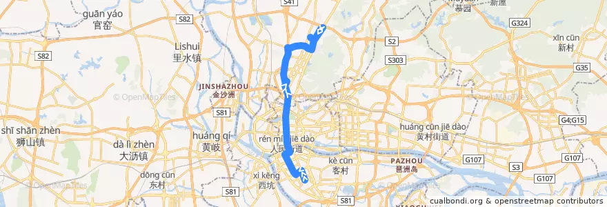 Mapa del recorrido 244路[江南大道南总站-黄石东(白云尚城)总站] de la línea  en Guangzhou.
