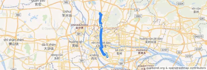 Mapa del recorrido 244A路(江南大道南总站-汇侨新城总站) de la línea  en 广州市.