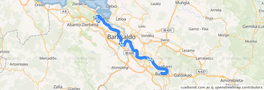 Mapa del recorrido L2 Kabiezes → Basauri de la línea  en Bilboaldea.