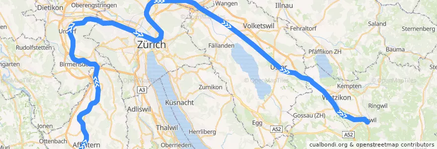 Mapa del recorrido S14: Affoltern am Albis –> Hinwil de la línea  en Zürih.