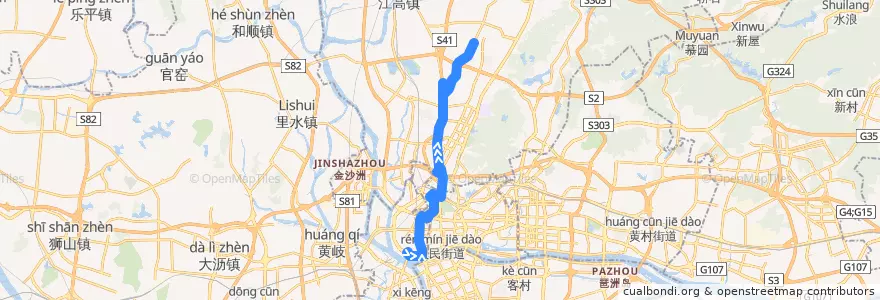Mapa del recorrido 251路[七星岗(广东省煤炭地质局)总站-黄沙总站] de la línea  en Гуанчжоу.