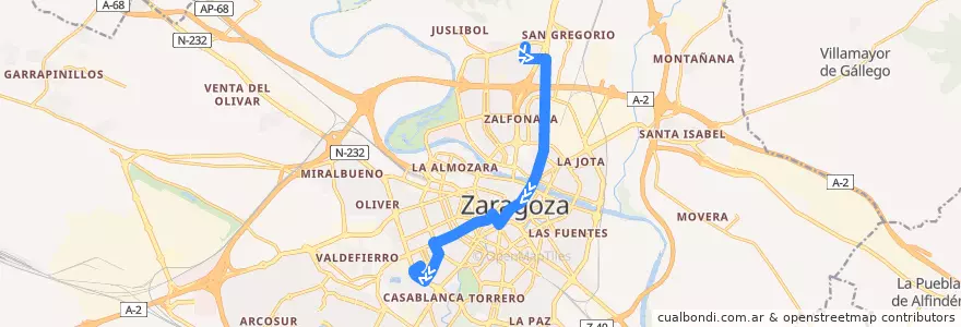 Mapa del recorrido Bus 35: Parque Goya => Seminario de la línea  en Zaragoza.