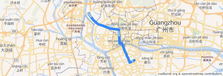 Mapa del recorrido 253路[罗冲围(松南路)总站-瑞宝乡总站] de la línea  en Гуанчжоу.