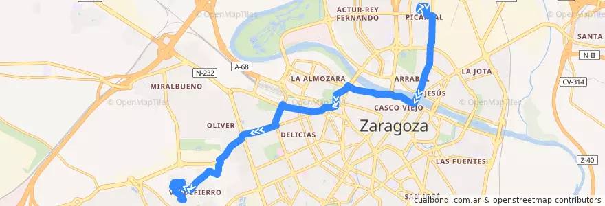 Mapa del recorrido Bus 36: Picarral => Valdefierro de la línea  en 萨拉戈萨.