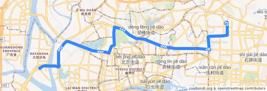 Mapa del recorrido 256路(珠岛花园总站-广州火车东站总站) de la línea  en Гуанчжоу.