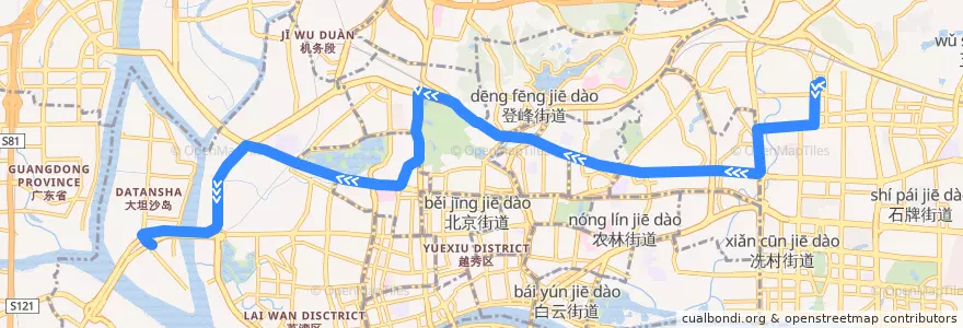 Mapa del recorrido 256路(广州火车东站总站-珠岛花园总站) de la línea  en Guangzhou.
