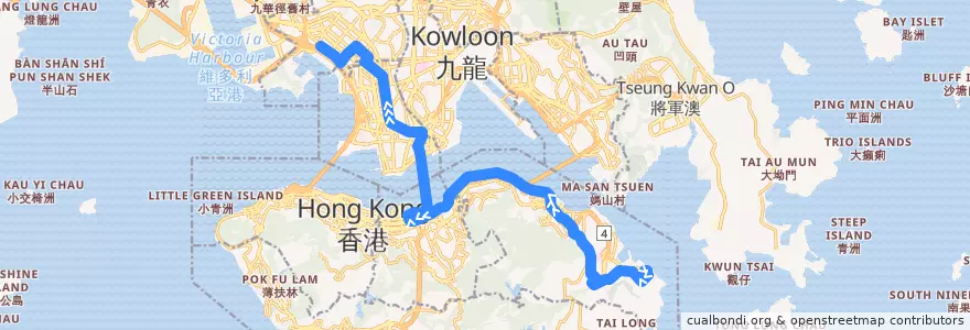 Mapa del recorrido 過海隧巴118線 Cross-harbour Bus 118 (小西灣（藍灣半島） Siu Sai Wan (Island Resort) → 長沙灣（深旺道） Cheung Sha Wan (Sham Mong Road)) de la línea  en Novos Territórios.
