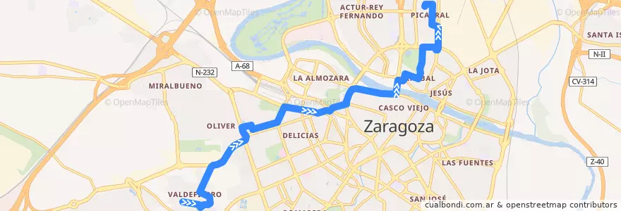 Mapa del recorrido Bus 36: Valdefierro => Picarral de la línea  en Zaragoza.