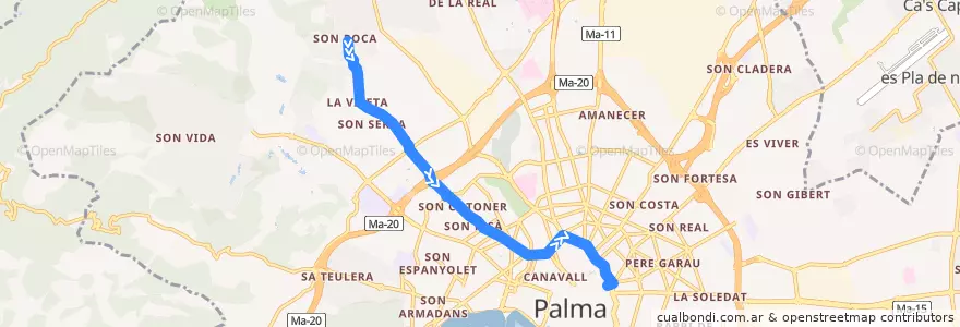 Mapa del recorrido Bus 8: Son Roca → Sindicat de la línea  en Palma.