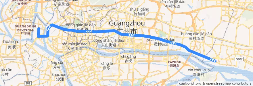 Mapa del recorrido 261路[鱼珠总站-河沙(太佳广场)总站] de la línea  en Гуанчжоу.