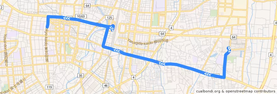 Mapa del recorrido 関東自動車バス ベルモール⇒宇大⇒宇都宮東武 de la línea  en Utsunomiya.