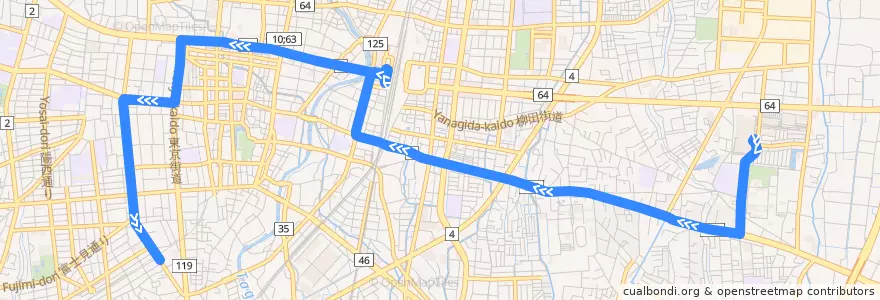 Mapa del recorrido 関東自動車バス ベルモール⇒宇大⇒西原車庫 de la línea  en Utsunomiya.
