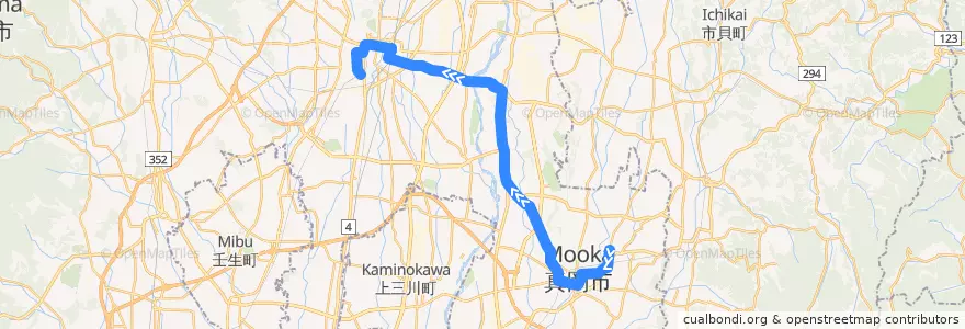Mapa del recorrido 東野交通バス 真岡営業所⇒石法寺⇒西原車庫 de la línea  en 도치기현.