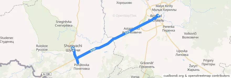 Mapa del recorrido Шумячи -- Понятовка -- Рославль de la línea  en Смоленская область.