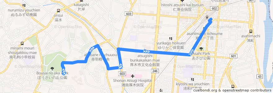 Mapa del recorrido 厚木109系統 de la línea  en Atsugi.