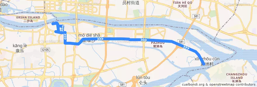Mapa del recorrido 262路(珠江帝景苑总站-新洲总站) de la línea  en Haizhu District.