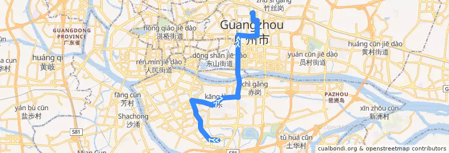 Mapa del recorrido 263路(盈丰路总站-广州火车东站总站) de la línea  en Guangzhou City.