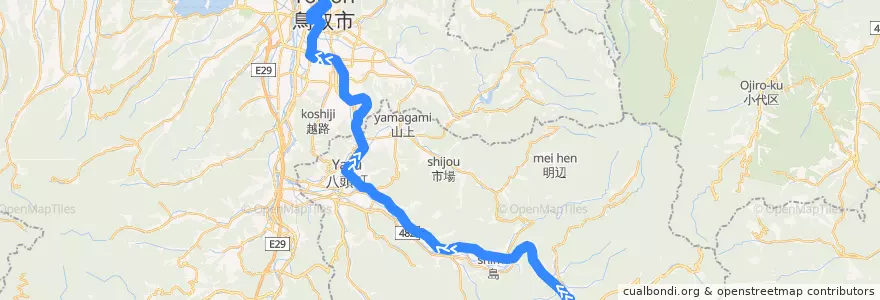 Mapa del recorrido 若桜線市内回り鳥取駅方面 de la línea  en 돗토리현.