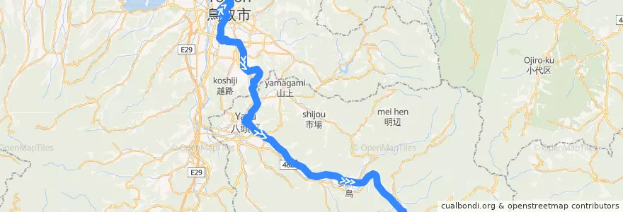 Mapa del recorrido 若桜線市内回り若桜方面 de la línea  en Präfektur Tottori.