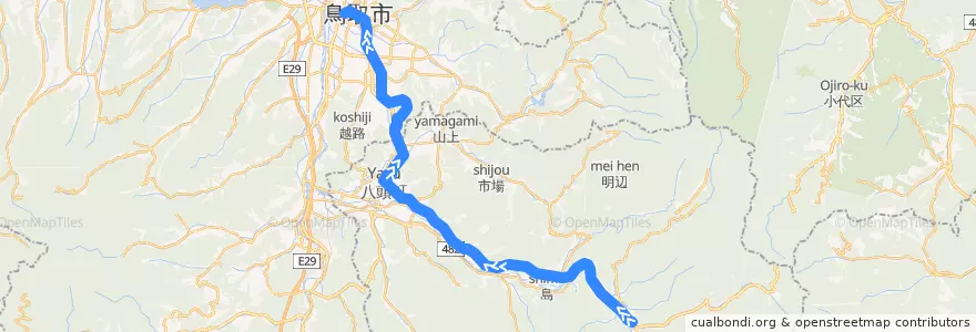 Mapa del recorrido 若桜線鳥取駅方面 de la línea  en 鳥取県.