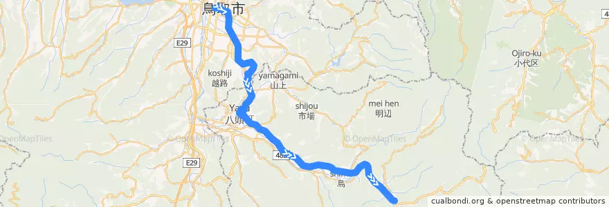 Mapa del recorrido 若桜線若桜方面 de la línea  en Тоттори.