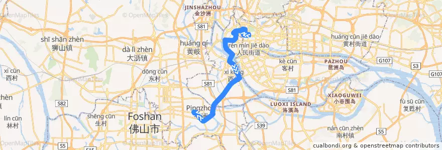 Mapa del recorrido 广275路[解放北路(应元路口)总站-平洲(富丰君御)总站] de la línea  en Guangdong.