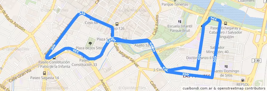 Mapa del recorrido Bus 30: Las Fuentes - Plaza Paraíso de la línea  en 萨拉戈萨.