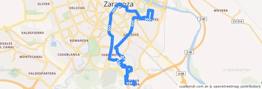 Mapa del recorrido Bus N5: Plaza Aragón - Las Fuentes - San José - La Paz - Parque Venecia de la línea  en Zaragoza.