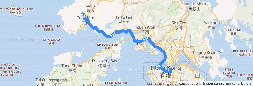 Mapa del recorrido 過海隧巴961P線 Cross-harbour Bus 961P (良景邨 Leung King Estate​ → 灣仔（會展） Wan Chai (HKCEC)) de la línea  en 新界.