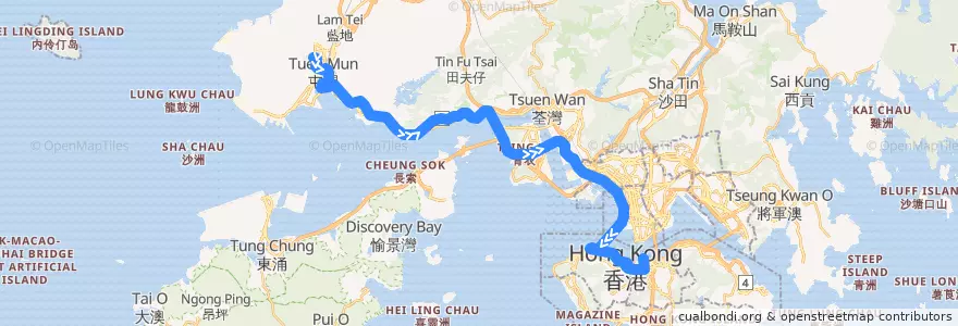 Mapa del recorrido 過海隧巴961線 Cross-harbour Bus 961 (山景 Shan King → 灣仔（會展） Wan Chai (HKCEC)) de la línea  en Wilayah Baru.