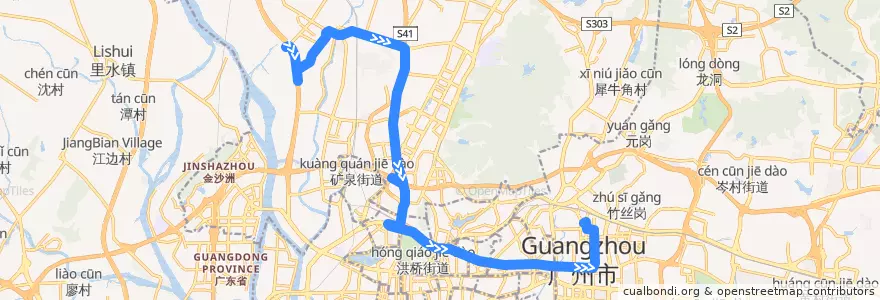 Mapa del recorrido 280路[凰岗(锦东服装城)总站-广州火车东站总站] de la línea  en Гуанчжоу.