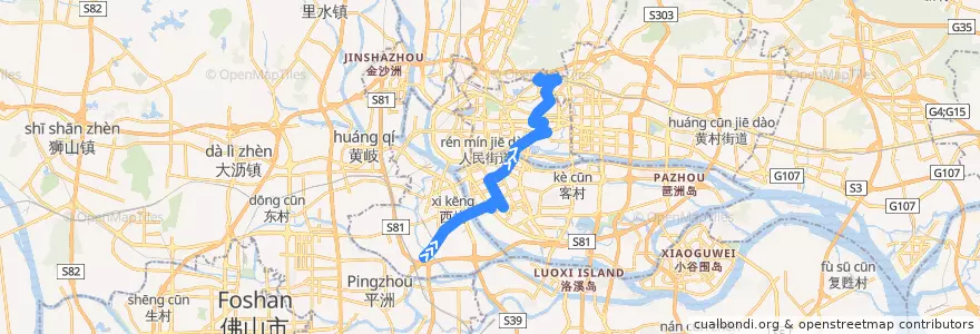 Mapa del recorrido 285路[花地大道南(鹅公村)总站-云台花园总站] de la línea  en 広州市.
