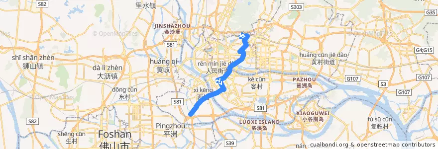 Mapa del recorrido 285路[云台花园总站-花地大道南(鹅公村)总站] de la línea  en Guangzhou City.
