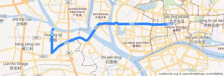 Mapa del recorrido 广286路(广卫路总站-黄岐第一城总站) de la línea  en Guangdong.