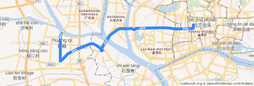 Mapa del recorrido 广286路(黄岐第一城总站-广卫路总站) de la línea  en 广东省.