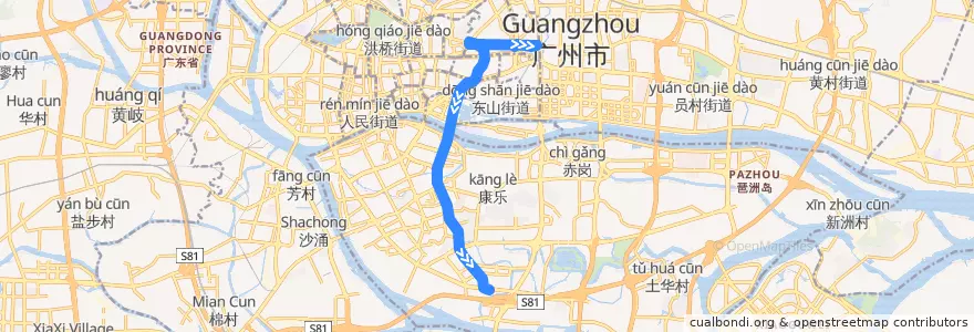 Mapa del recorrido 287路(动物园南门总站-海珠客运站总站) de la línea  en 広州市.