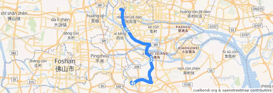 Mapa del recorrido 288A路(广州火车南站总站-西华路尾总站) de la línea  en Canton.