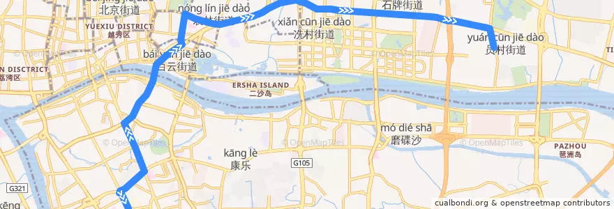 Mapa del recorrido 299路[昌岗路总站-员村(绢麻厂)总站] de la línea  en Гуанчжоу.