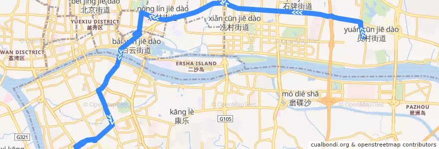 Mapa del recorrido 299路[员村(绢麻厂)总站-昌岗路总站] de la línea  en Гуанчжоу.