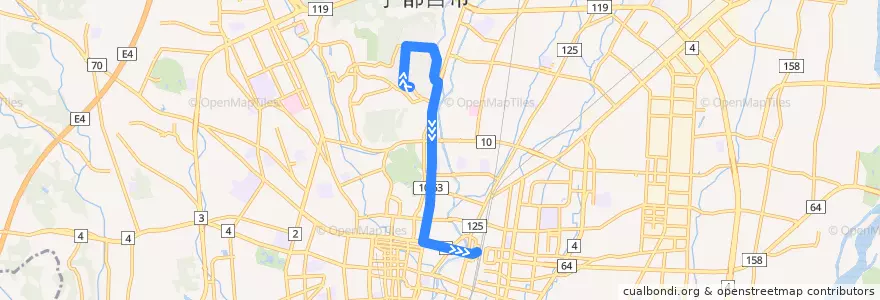 Mapa del recorrido 富士見ヶ丘団地⇒宇商高⇒宇都宮駅 de la línea  en Utsunomiya.