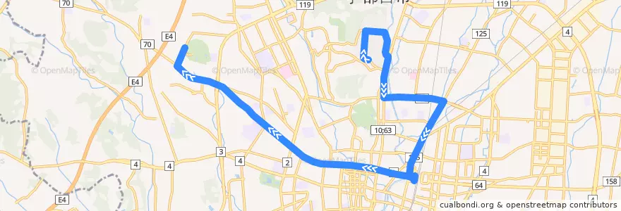Mapa del recorrido 関東自動車バス[10] 富士見ヶ丘団地⇒竹林⇒駒生営業所 de la línea  en Utsunomiya.