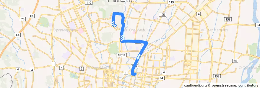 Mapa del recorrido 富士見ヶ丘団地⇒竹林⇒宇都宮駅 de la línea  en Utsunomiya.