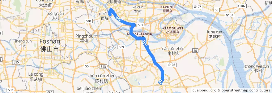 Mapa del recorrido 303路(市桥汽车站-太古仓路总站) de la línea  en Guangzhou City.