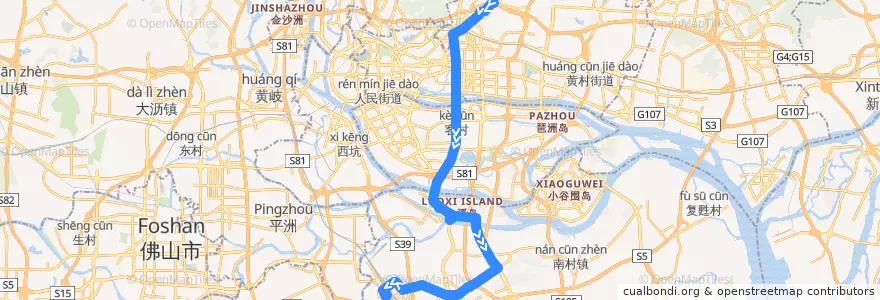 Mapa del recorrido 303A路(天河客运站总站-广州火车南站总站) de la línea  en Гуанчжоу.