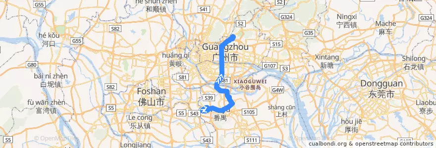 Mapa del recorrido 303A(广州火车南站总站-天河客运站总站) de la línea  en 广州市.