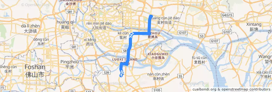 Mapa del recorrido 304路(长隆旅游度假区总站-棠下小区总站) de la línea  en Cantón.