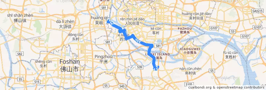 Mapa del recorrido 309路(地铁大石站-滘口客运站总站) de la línea  en 広州市.