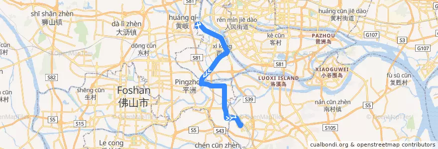 Mapa del recorrido 309A路(滘口客运站总站-广州火车南站总站) de la línea  en 広東省.