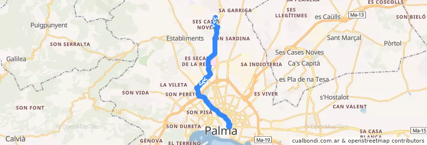 Mapa del recorrido Bus 9: Son Espanyol → Porta de Sant Antoni de la línea  en Palma.